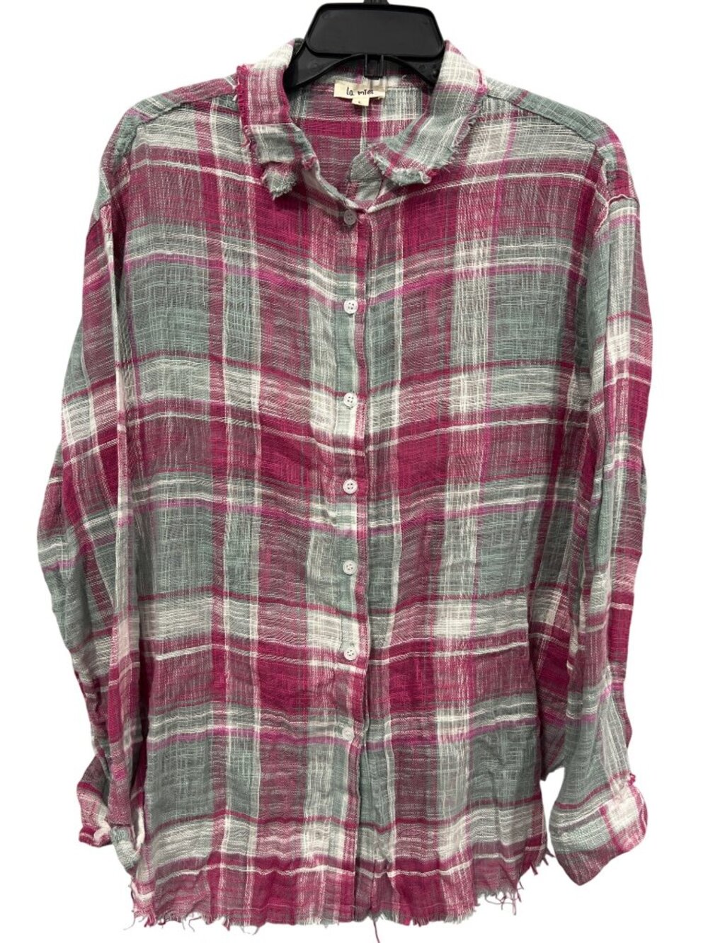 La Miel Shirt Large Plaid Button Front Fringe Trim Pink Western Preppy Academia